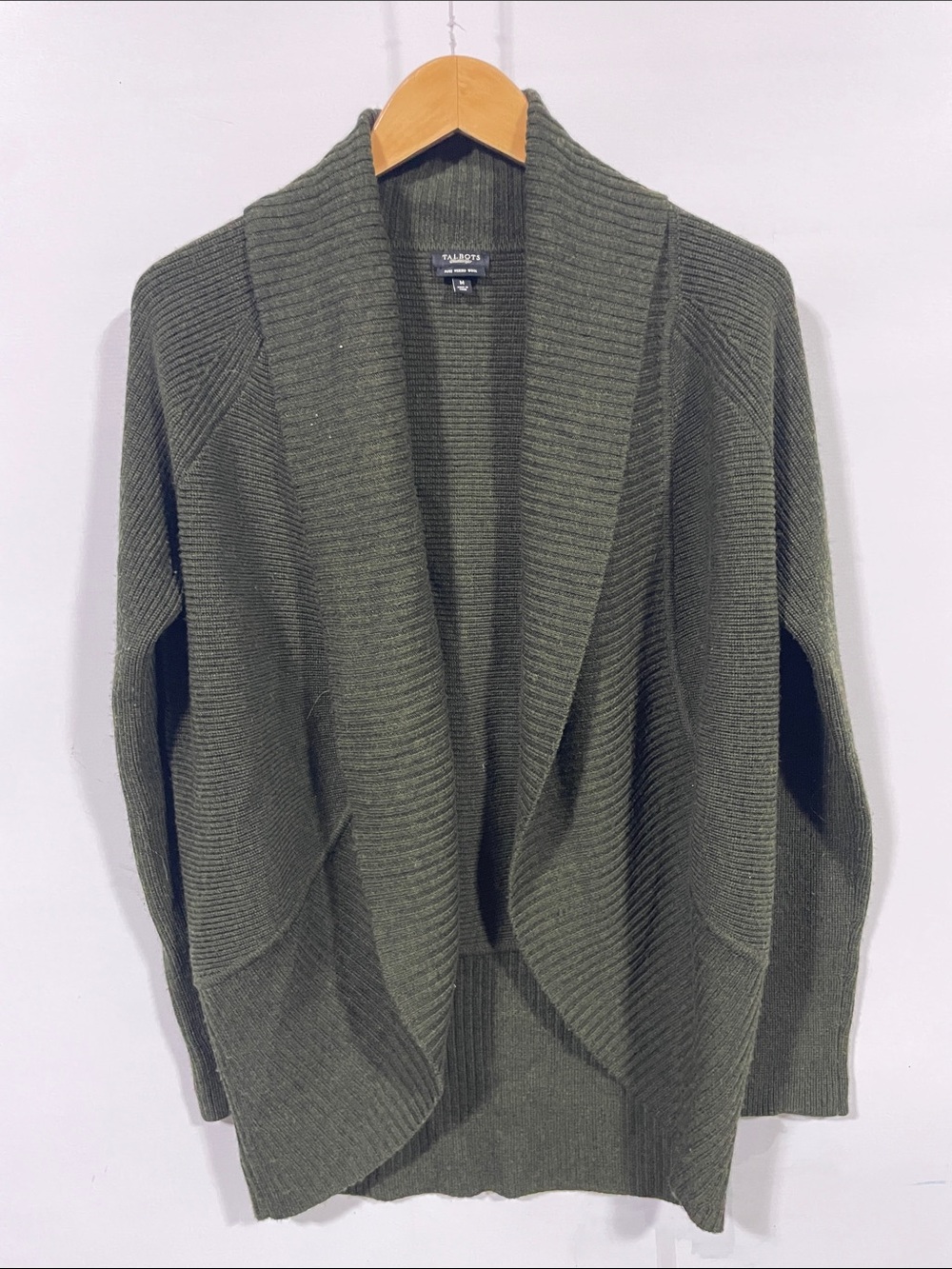 Talbots pure merino wool Olive Ribbed Shawl-Collar Open Cardigan